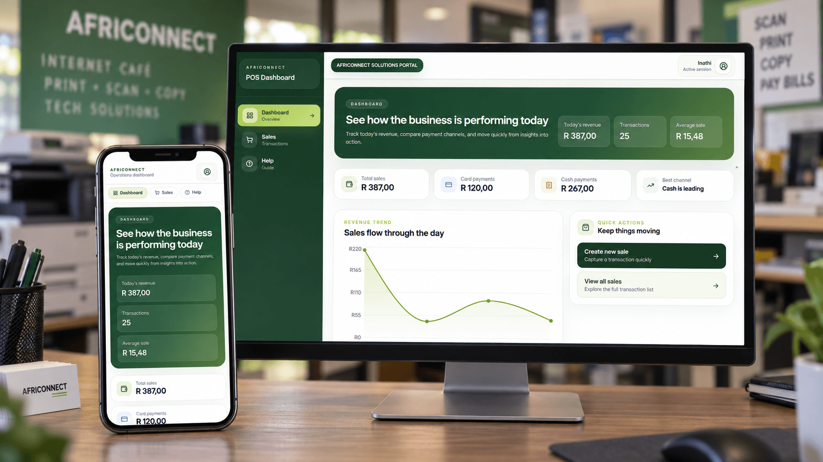 AfriConnect point-of-sale dashboard shown on a desktop monitor and mobile phone