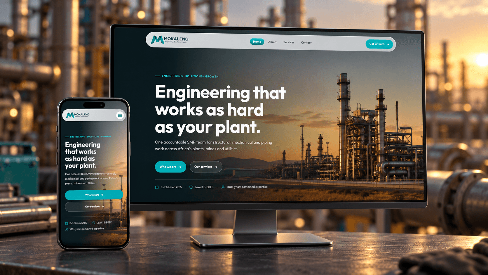 Mokaleng engineering website shown on a desktop monitor and mobile phone against an industrial plant at sunset