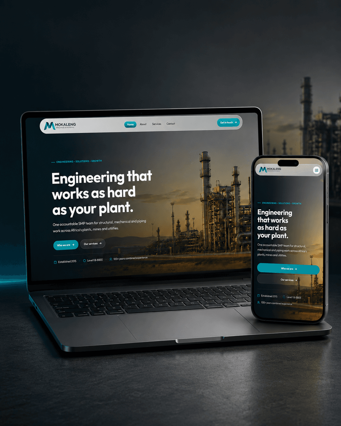 Mokaleng engineering website displayed responsively on a laptop and mobile phone