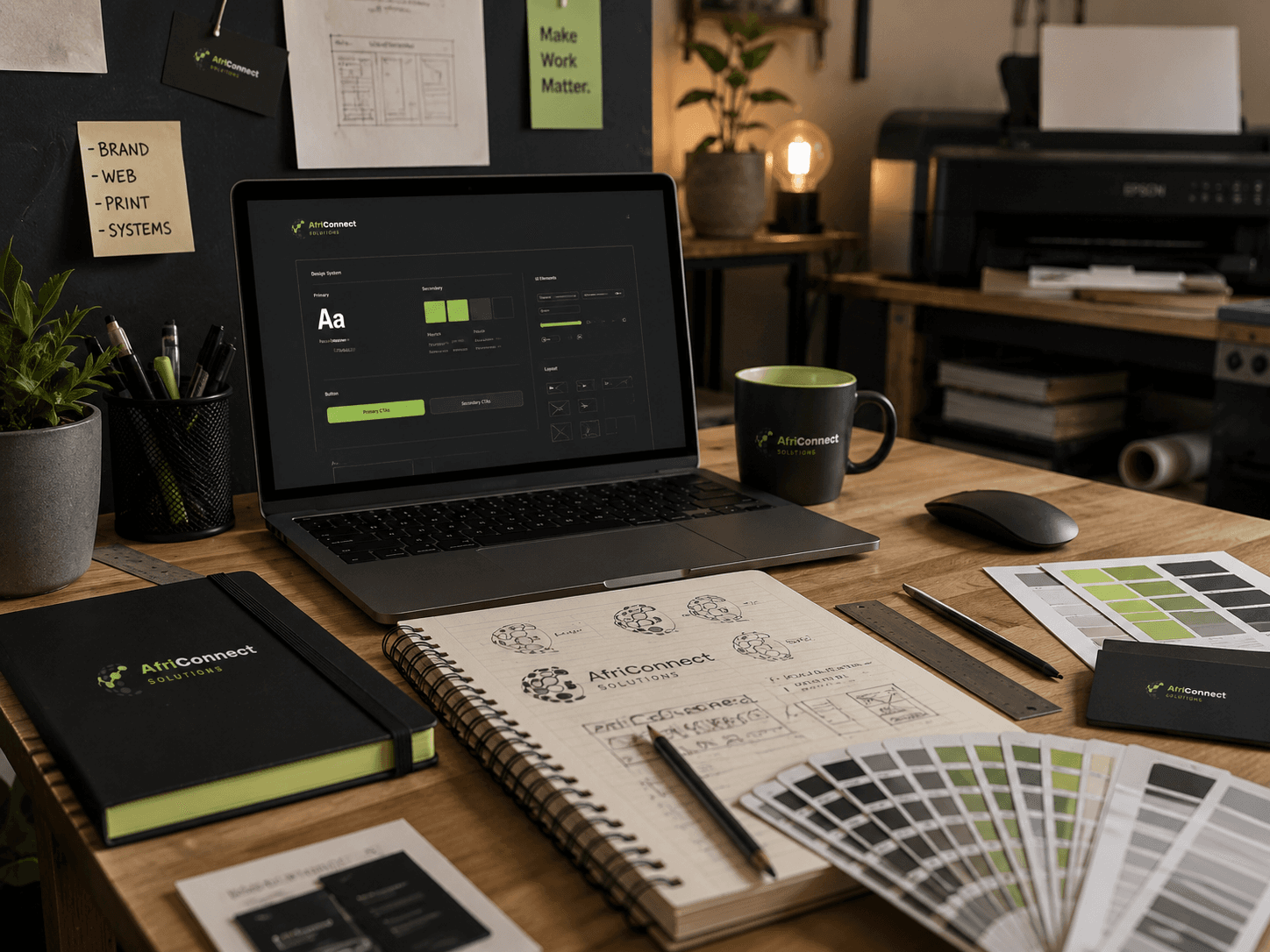 AfriConnect creative workspace with brand, web, print and systems work