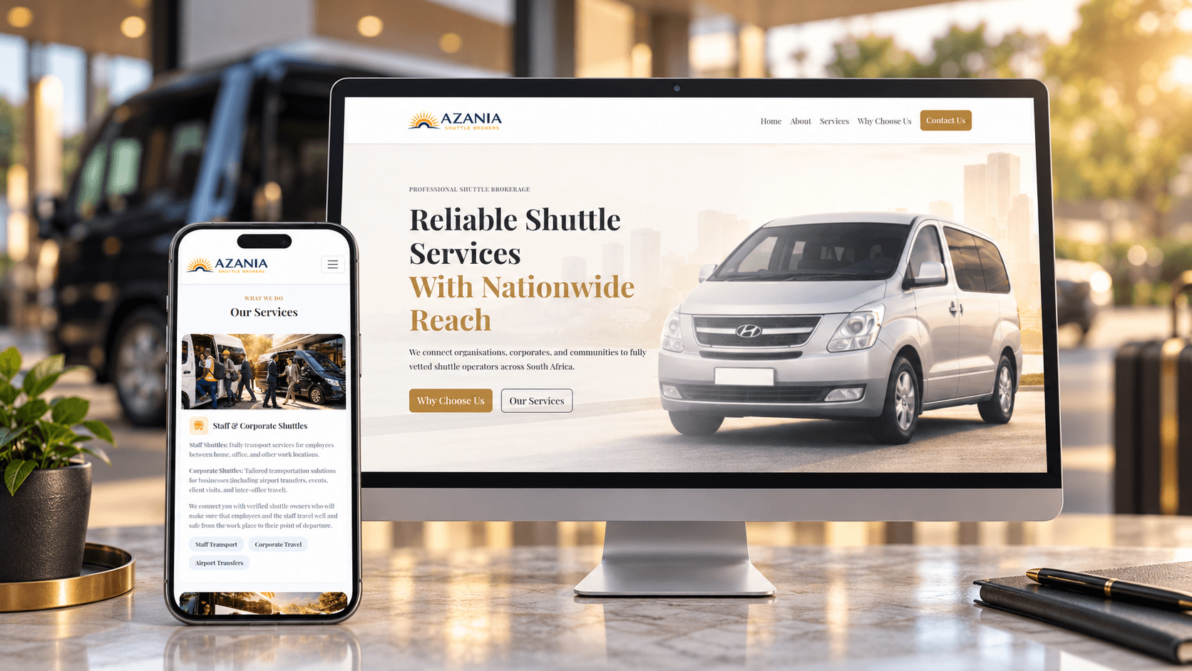Azania Shuttle Brokers website shown on a desktop monitor and mobile phone