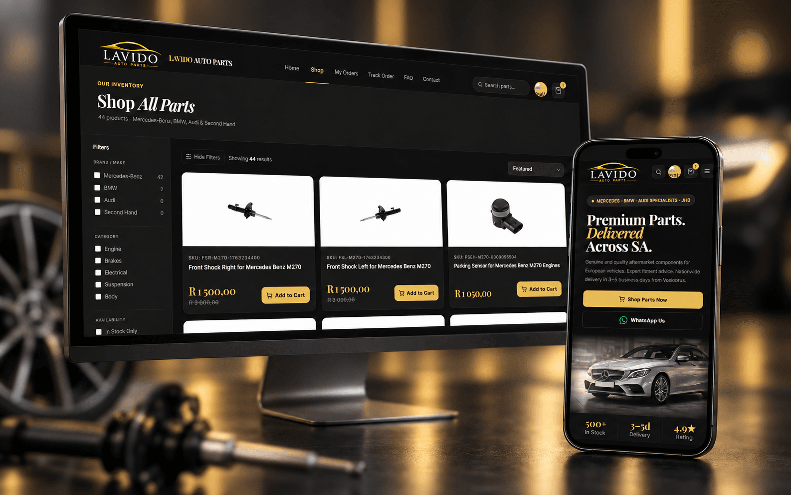 Lavido Auto Parts online store shown on a desktop monitor and mobile phone