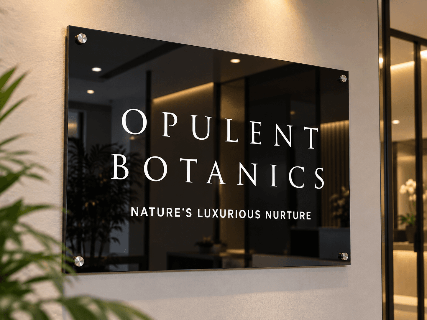 Opulent Botanics wordmark on a black acrylic sign mounted in a softly lit reception