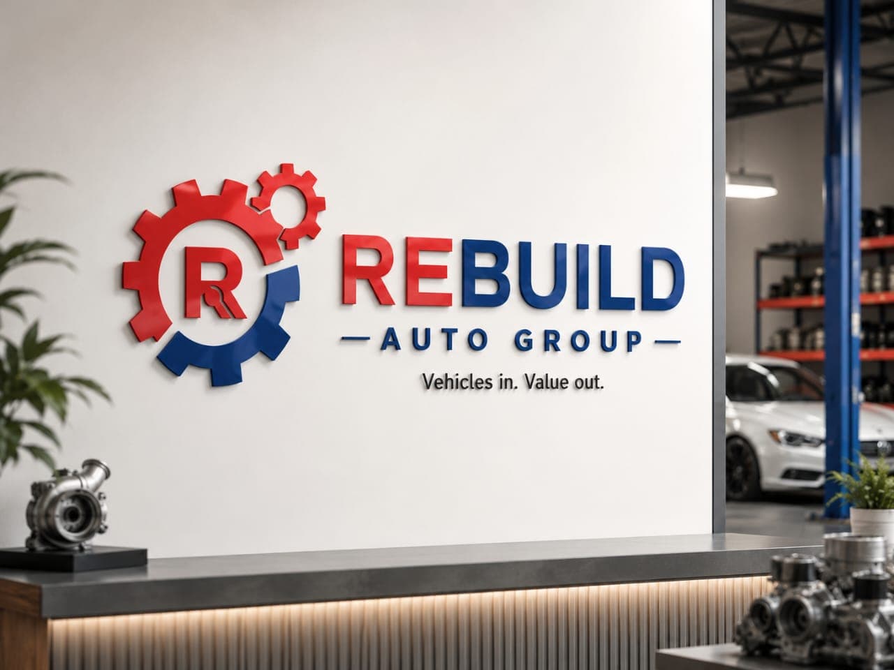 Rebuild Auto Group gear logo mounted on a reception wall in an automotive workshop