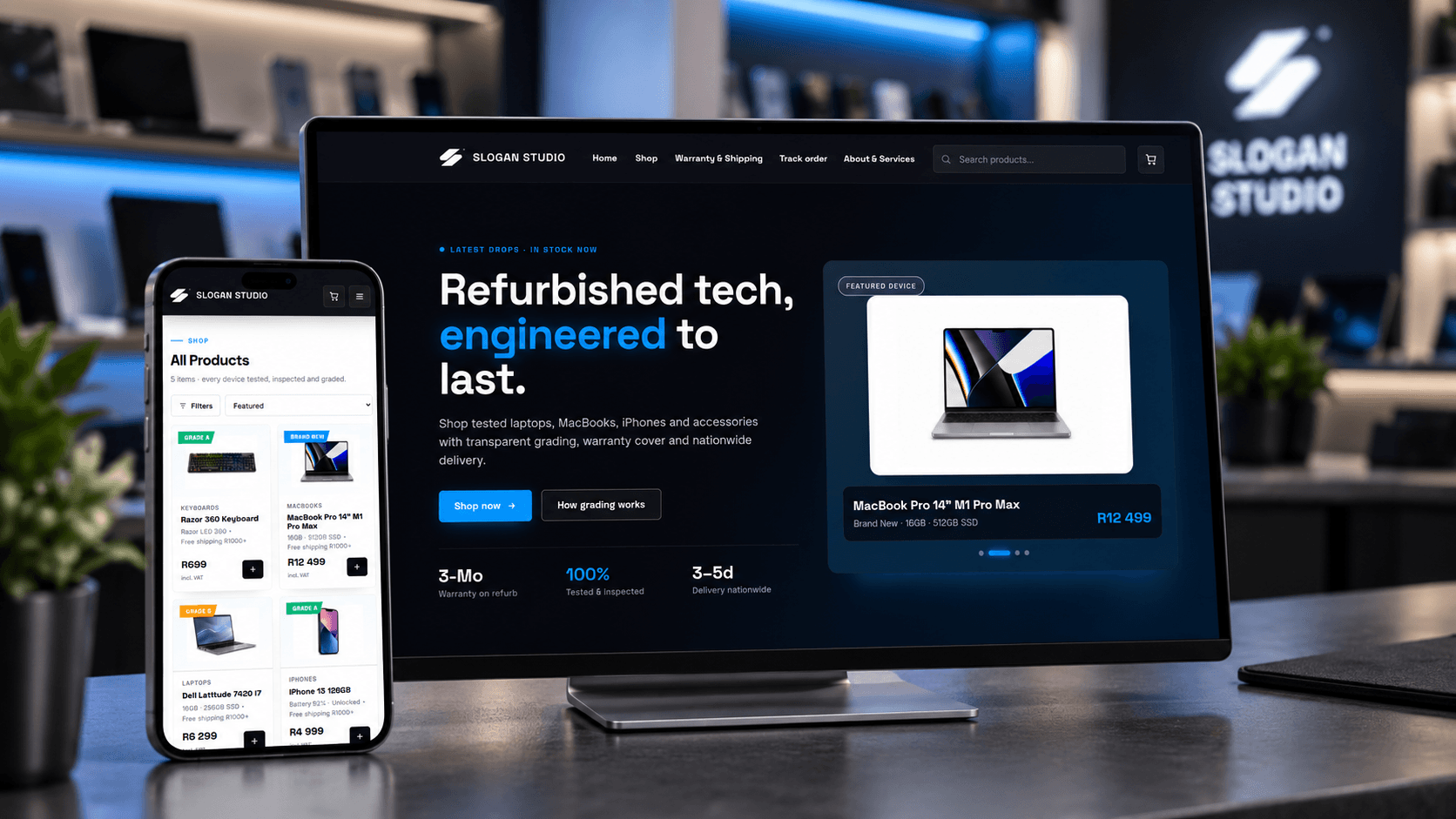 Slogan Studio refurbished-tech online store shown on a desktop monitor and mobile phone